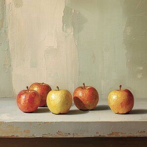NEW Five Apples-Still Life Print, Rustic French Country Kitchen Wall Art 8x10